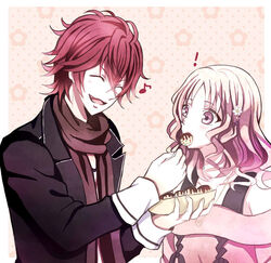  ! blush character_request closed_eyes couple diabolik_lovers eating food komori_yui mii_(0726miya) mii_(793102) music_note pink_eyes pink_hair red_hair sakamaki_ayato scarf takoyaki 