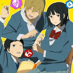  2boys anger_vein bad_id bad_pixiv_id black_eyes black_hair blonde_hair bob_cut book breasts brown_eyes chair closed_eyes durarara!! female frown glasses kida_masaomi large_breasts multiple_boys musical_note pleated_skirt raira_academy_school_uniform ryuugamine_mikado school_uniform short_hair sitting skirt sonohara_anri sweatdrop tadataka 