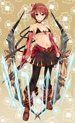  arrow_(symbol) bad_id bad_pixiv_id black_bra black_neckwear black_pantyhose black_skirt boots bra breasts brown_background brown_footwear chocolate_cosmos_(flower_knight_girl) choker closed_mouth detached_sleeves female floral_background floral_print flower flower_knight_girl full_body hair_ribbon looking_at_viewer medium_breasts navel pantyhose pink_eyes pink_sleeves pleated_skirt red_hair ribbon shinomu_(cinomoon) short_hair skirt smile solo standing underwear weapon 