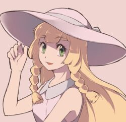  blonde_hair braid commentary_request dress female green_eyes hat lillie_(pokemon) long_hair open_mouth pokemon pokemon_sm shirin_(tsukimiyagura) simple_background sleeveless sleeveless_dress solo sun_hat twin_braids upper_body white_dress white_hat 