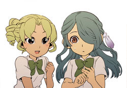  2girls blue_hair blush commentary_request drill_hair genderswap_(mtf) green_hair inazuma_eleven inazuma_eleven_(series) kazemaru_ichirouta long_hair midorikawa_ryuuji multiple_girls nattou-toufu photoshop_(medium) rule_63 