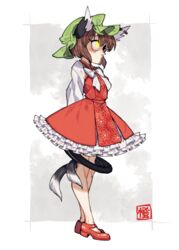  animal_ears bow bowtie brown_hair cat_ears cat_tail chen commentary_request dress earrings female hat jewelry long_sleeves mary_janes mob_cap multiple_tails nappooz petticoat puffy_long_sleeves puffy_sleeves red_dress red_footwear shoes short_dress short_hair slit_pupils solo tail touhou two_tails yellow_eyes 