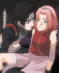  1boy ageha black_hair commentary_request female forehead_protector green_eyes midriff naruto_(series) naruto_shippuuden photoshop_(medium) pink_hair sai_(naruto) sakura_haruno short_hair 