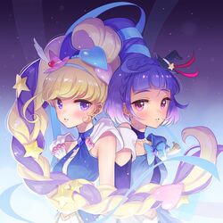  2girls asahina_mirai bad_id bad_pixiv_id black_hat blonde_hair blue_neckwear blue_ribbon blush braid choker commentary_request crown_braid cure_magical cure_magical_(sapphire_style) cure_miracle cure_miracle_(sapphire_style) expressionless gobou_1000 hair_ornament hair_ribbon hairband hat heart heart_hair_ornament intertwined_hair izayoi_liko long_hair looking_at_viewer magical_girl mahou_girls_precure! mini_hat mini_witch_hat multiple_girls parted_lips pink_eyes pink_hat precure purple_eyes purple_hair ribbon star_(symbol) star_hair_ornament tilted_headwear upper_body witch_hat 