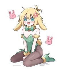  1boy alternate_costume animal_ears antenna_hair bare_shoulders basil_(faraway)_(omori) basil_(omori) blonde_hair blue_eyes blush bow bowtie brown_pantyhose crossdressing flower forest_bunny_(omori) green_bow green_bowtie green_footwear green_leotard hair_flower hair_ornament high_heels highres kemonomimi_mode kiimorisame leotard male_focus male_playboy_bunny omori otoko_no_ko pantyhose playboy_bunny rabbit_boy rabbit_ears rabbit_tail short_hair sitting solo tail thighband_pantyhose v_arms wariza 