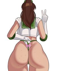  ass bishoujo_senshi_sailor_moon breasts brown_hair cameltoe female freckles from_behind gloves green_sailor_collar hair_bobbles hair_ornament highres jakuson_z kino_makoto large_breasts long_hair panties panty_pull ponytail sailor_collar sailor_jupiter shirt simple_background solo thick_thighs thighs underwear v white_background white_gloves white_shirt 