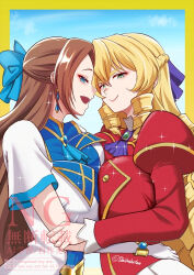  2girls akuyaku_reijou_tensei_ojisan artist_name ascot blonde_hair blue_ascot blue_eyes blue_ribbon breast_press breasts brown_hair closed_mouth dress drill_hair from_side genre_connection grace_auvergne green_eyes hair_between_eyes hair_ribbon hand_on_another&#039;s_arm hand_on_another&#039;s_hip jacket juliet_sleeves katarina_claes large_breasts lipstick long_hair long_sleeves looking_at_viewer makeup marishiten multiple_girls open_mouth otome_game_no_hametsu_flag_shika_nai_akuyaku_reijou_ni_tensei_shite_shimatta puffy_sleeves purple_ascot purple_ribbon red_jacket ribbon school_uniform smile symmetrical_docking upper_body very_long_hair white_dress 