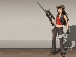  black_hair high_heels knife kukri long_hair melee_weapon rule_63 sniper tagme team_fortress_2 vest 