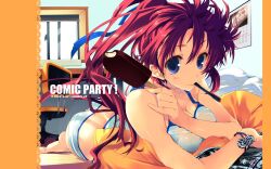  aquaplus artist_request ass bare_shoulders blue_eyes book breasts camisole cleavage comic_party female fingernails food hair_ribbon highres leaf_(studio) long_fingernails long_hair looking_at_viewer lying medium_breasts mouth_hold official_art official_wallpaper on_stomach open_book panties ponytail popsicle red_eyes red_hair ribbon see-through solo source_request sweatdrop takase_mizuki underwear wet wet_clothes 