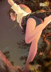  absurdres artbook ass barefoot black_buruma blush brown_hair buruma female highres in_tree kikuchi_yume mahou_tsukai_ni_taisetsu_na_koto night night_sky photoshop_(medium) plantar_flexion school_uniform serafuku shooting_star short_hair skirt sky solo standing standing_on_one_leg star_(sky) starry_sky tree upskirt yoshizuki_kumichi 