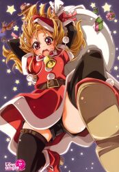  absurdres artbook bell belt black_thighhighs blonde_hair blush boots copyright_request dress female gift hat highres long_hair mikage_(curry_berg_dish) nail_polish open_mouth photoshop_(medium) red_eyes sack santa_costume santa_hat short_dress short_shorts shorts shorts_under_skirt sleigh solo thighhighs upskirt 