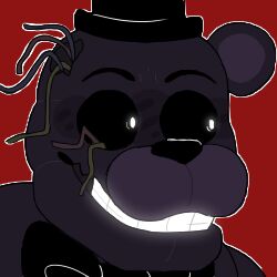  1:1 1_ear 2018 alternate_version_at_source animatronic anthro bear big_pupils black_bow_tie black_clothing black_hat black_headwear black_nose black_sclera black_top_hat bow_tie bust_portrait close-up clothing dilated_pupils five_nights_at_freddy&#039;s five_nights_at_freddy&#039;s_2 glowing glowing_eyes glowing_teeth hat headgear headwear icon looking_aside looking_away low_res machine male mammal multicolored_ears portrait pupils purple_body purple_ears red_background robot round_ears scottgames shadow_freddy_(fnaf) short_ears simple_background smile snazzamazing solo teeth thumbnail top_hat two_tone_ears white_eyes wire 