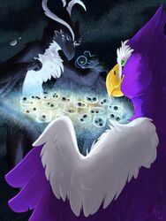  2022 3:4 accipitrid accipitriform anthro avian bird black_body black_feathers blue_eyes cosmic_background digital_media_(artwork) duo eagle feathers galaxy green_eyes hi_res kurrikage macro magpi male planet purple_body purple_feathers sea_eagle sentri_(sparkfloof) space starry_background steller&#039;s_sea_eagle terra_macro white_body white_feathers 