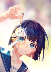  :d black_hair blue_eyes blue_sailor_collar blunt_bangs blurry blurry_background bob_cut chinese_commentary close-up collarbone commentary female fingernails floating_hair gradient_background hand_up harrymiao highres holding holding_wind_chime leaning leaning_to_the_side light_particles light_rays looking_at_viewer open_mouth original sailor_collar school_uniform shaded_face shadow shirt simple_background smile solo sunbeam sunlight teeth uniform upper_body white_shirt wind_chime wind_chime_focus 