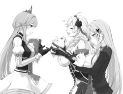  3girls algerie_(azur_lane) animal azur_lane bad_id bad_pixiv_id bare_shoulders black_jacket book breasts cleavage commentary_request crown detached_sleeves dress drill_hair dunkerque_(azur_lane) eating feline gauntlets gloves greyscale hair_ornament hairband half_gloves hamuhamu_hamuo holding holding_animal holding_book holding_cat jacket juliet_sleeves large_breasts long_hair long_sleeves medium_breasts meowfficer_(azur_lane) mole mole_under_eye monochrome multiple_girls pleated_skirt puffy_sleeves richelieu_(azur_lane) simple_background skirt striped striped_sleeves twin_drills vertical-striped_sleeves vertical_stripes very_long_hair white_background 