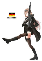  absurdres assault_rifle belt black_footwear black_gloves black_jacket black_shorts black_thighhighs blazer blonde_hair blue_eyes boots character_name cyka east_german female girls&#039;_frontline gloves gun hairband hand_on_weapon highres holding holding_weapon jacket kalashnikov_rifle long_hair looking_at_viewer military rifle shorts smile solo stg-940_(girls&#039;_frontline) thighhighs truth weapon white_background wieger_stg-940 