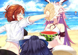  1boy 3girls absurdres animal_ears beach bikini black_hair breasts cake captain_(honkai_impact) chinese_commentary cleavage commentary_request day diaoxian_kuangmo dress_shirt food food_on_face fruit highres honkai_(series) honkai_impact_3rd in_the_face long_hair multiple_girls murata_himeko ornament outdoors photoshop_(medium) pie pie_in_face pink_hair raiden_mei red_hair sand shirt swimsuit throwing_pie water watermelon yae_sakura 