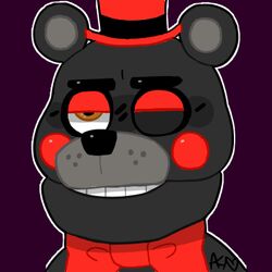  1:1 2018 alternate_version_at_source animatronic annoyed anthro bear black_body black_ears black_nose bow_tie bust_portrait close-up clothing five_nights_at_freddy&#039;s freddy_fazbear&#039;s_pizzeria_simulator grey_ears half-closed_eyes hat headgear headwear icon lefty_(fnaf) looking_away low_res machine male mammal multicolored_ears narrowed_eyes orange_eyes portrait purple_background red_bow_tie red_clothing red_eyelids red_hat red_headwear robot rosy_cheeks round_ears scottgames simple_background snazzamazing solo teeth top_hat 