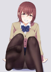  arm_support black_pantyhose blush bow bowtie breasts brown_hair cardigan commentary_request crotch_seam dress_shirt feet feet_up female furutori grin gusset hair_between_eyes head_tilt highres knees_up looking_at_viewer no_shoes original panties panties_under_pantyhose pantyhose school_uniform shiny_clothes shirt simple_background sitting skirt smile soles solo thighband_pantyhose underwear white_panties 