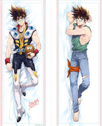  1boy armpits bandana bandana_around_thighs barefoot boots brown_hair character_name commentary_request dakimakura_(medium) denim full_body green_shirt guvava jeans looking_at_viewer lying macross macross_7 male_focus mayuki_(ubiquitous) multiple_views muscular nekki_basara on_side pants parted_lips shirt sunglasses teeth thigh_boots thighhighs torn_clothes torn_jeans torn_pants wristband yellow_eyes 