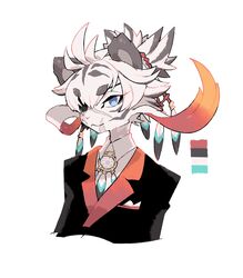  anthro blue_eyes clothing dreamcatcher eye_patch eyewear facial_scar felid fur gilului_the_fortune grey_hair hair inufuji male mammal multicolored_hair pantherine scar simple_background smile stripes suit tiger white_background white_body white_fur white_hair 