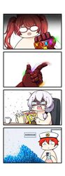  2girls diaoxian_kuangmo glasses highres honkai_(series) honkai_impact_3rd infinity_gauntlet infinity_gems multiple_girls open_mouth red_hair scared short_hair smile snapping_fingers stunned_silence theresa_apocalypse twintails white_hair 