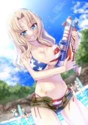  5girls american_flag american_flag_bikini american_flag_print bare_shoulders bikini bikini_under_clothes blonde_hair blue_eyes blue_sky blurry breasts character_request cleavage cloud collarbone commentary_request cowboy_shot cutoffs day denim denim_shorts depth_of_field dutch_angle flag_print girls_und_panzer green_shorts grin hair_intakes highres holding holding_water_gun kay_(girls_und_panzer) large_breasts long_hair looking_at_viewer multiple_girls nature navel no_shirt open_fly outdoors print_bikini ringoanu shorts side-tie_bikini_bottom sky smile standing star_tattoo stomach swimsuit tattoo variant_set water_gun wet 