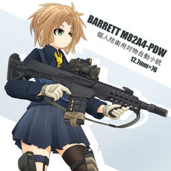  anti-materiel_rifle assault_rifle barrett_m82 black_shirt black_thighhighs blonde_hair blue_skirt commentary_request cowboy_shot dress_shirt english_text female gloves green_eyes gun highres holding holding_gun holding_weapon magpul md5_mismatch mikeran_(mikelan) miniskirt necktie orange_necktie original parted_lips pleated_skirt pouch resolution_mismatch rifle school_uniform shirt skirt sniper_rifle solo source_smaller standing tactical_clothes thigh_strap thighhighs weapon white_gloves wing_collar 