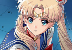  artist_name bishoujo_senshi_sailor_moon bishoujo_senshi_sailor_moon_s blonde_hair blue_eyes blue_sailor_collar chinese_commentary choker circlet commentary_request crescent derivative_work double_bun earrings female hair_bun heart jewelry long_hair looking_at_viewer magical_girl meme parted_lips sailor_collar sailor_moon sailor_moon_redraw_challenge_(meme) sailor_senshi_uniform screenshot_redraw solo sweatdrop tsukino_usagi twintails upper_body watermark web_address yaoshi_jun 