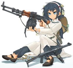  ajirogasa ammunition_belt bag black_footwear black_hair black_pants blue_eyes bracelet brown_headwear carrying closed_mouth commentary_request dress female full_body gun hair_ornament hairband hat high_collar highres holding holding_gun holding_weapon jewelry light_machine_gun long_sleeves machine_gun medium_dress mikeran_(mikelan) original pants partial_commentary pps-43 rpd sandals satchel shadow shell_casing simple_background sitting smile solo submachine_gun vietnam vietnam_war vietnamese_dress weapon white_background white_dress white_hairband 