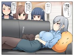  4girls animal blue_hair blue_shirt blunt_bangs blush breasts brown_hair brown_legwear couch crying crying_with_eyes_open feline green_eyes green_skirt idolmaster idolmaster_cinderella_girls large_breasts looking_at_another lying maekawa_miku multiple_girls on_back on_couch open_mouth pantyhose pencil_skirt pero_(idolmaster_cinderella_girls) pillow raglan_sleeves sajo_yukimi serebi_ryousangata shirt short_hair skirt sleeping smile snot speech_bubble takamine_noa tears translated wakui_rumi zzz 