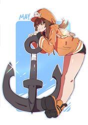  anchor backpack bag black_gloves black_shorts brown_hair character_name commentary female fingerless_gloves gloves guilty_gear guilty_gear_strive hair_between_eyes hat jacket long_hair looking_at_viewer may_(guilty_gear) orange_footwear orange_hat orange_jacket rirene_rn short_shorts shorts skull skull_and_crossbones smile solo 