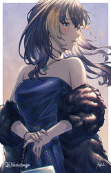  bag bare_shoulders black_coat border coat collarbone commission dress english_commentary female fur_coat handbag highres holding holding_bag ivris long_hair mixed-language_commentary nijisanji nijisanji_en off_shoulder outside_border parted_lips petra_gurin purple_eyes signature skeb_commission solo strapless strapless_dress virtual_youtuber white_border 