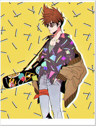  1boy bandana bandana_around_thighs brown_hair commentary_request cowboy_shot guitar_case hand_in_pocket instrument_case jacket macross macross_7 male_focus mayuki_(ubiquitous) nekki_basara short_hair sunglasses 