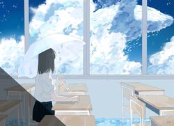  black_hair black_skirt blue_sky bubble cloud cloudy_sky commentary_request day desk facing_away female highres indoors long_hair looking_outside original pleated_skirt shirt short_sleeves signature sitting skirt sky solo sutera_sea umbrella water white_shirt white_umbrella 