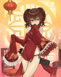  animal_print assault_rifle breasts brown_hair chair china_dress chinese_border chinese_clothes colored_eyelashes commentary_request cowboy_shot dress female fish_print flower frilled_sleeves frills girls&#039;_frontline gun hair_ribbon hand_to_own_mouth hanging_light highres lamp lattice long_sleeves looking_at_viewer numazume official_alternate_costume panties qbz-97 red_dress red_ribbon ribbon rifle side-tie_panties sleeves_past_fingers sleeves_past_wrists small_breasts smirk solo table tassel thighs type_97_(girls&#039;_frontline) type_97_(peony)_(girls&#039;_frontline) underwear vase weapon yellow_eyes 