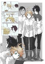  4boys :&gt; ahoge back-to-back book boots breasts brown_eyes brown_hair cheating_(competitive) commentary_request dark-skinned_male dark_skin don_(yakusoku_no_neverland) dress_shirt emma_(yakusoku_no_neverland) female green_eyes hair_over_one_eye height_difference indesign jitome lolicon measuring multiple_boys neck_ribbon neck_tattoo norman_(yakusoku_no_neverland) number_tattoo pants pants_tucked_in partially_colored phil_(yakusoku_no_neverland) ray_(yakusoku_no_neverland) reading ribbon scarf shirt smile stadiometer standing tattoo yakusoku_no_neverland 