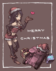  artist_name black_background black_eyes black_gloves black_hair black_tank_top black_thighhighs blowing_kiss boots border bow brown_footwear brown_gloves christmas commentary english_text female freckles fur-trimmed_shirt fur-trimmed_shorts fur_trim gift girls_und_panzer gloves hand_on_own_hip hat heart layered_gloves leaning_forward long_hair looking_at_viewer m3_lee merry_christmas midriff military military_vehicle motor_vehicle navel one_eye_closed open_mouth red_bow red_hat red_shirt red_shorts santa_costume santa_hat shirt short_shorts shorts signature smile solo standing standing_on_one_leg tank tank_top tessaku_ro thighhighs white_border yamagou_ayumi 