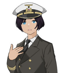  1boy azur_lane black_necktie blue_eyes buttons commander_(azur_lane) double-breasted english_commentary grey_jacket i&#039;m_stuff_(meme) jacket looking_at_viewer meme necktie parallelrey pointing pointing_at_self robert_downey_jr. shirt short_hair simple_background solo upper_body white_background white_shirt 