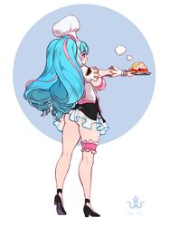  aurora_(last_origin) blue_hair breasts chef chef_hat drill_hair female from_behind hat high_heels highres large_breasts last_origin light_blue_hair multicolored_hair open_mouth patissier pink_eyes pink_hair skirt smile streaked_hair toriseru_(rare_stone) twin_drills twintails 