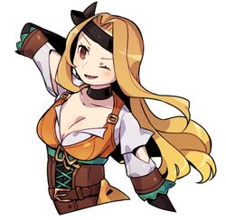  belt blonde_hair breasts brigid_(fire_emblem) brigid_(pirate)_(fire_emblem) brown_eyes choker cleavage commentary corset female fire_emblem fire_emblem:_genealogy_of_the_holy_war fire_emblem_heroes gloves haconeri headband long_hair one_eye_closed open_mouth simple_background smile solo 