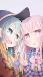  2girls :d :o aqua_eyes aqua_hair arm_up arms_up bikuseno black_headwear bow bowtie chibi circle commentary_request grey_background hair_between_eyes hat hata_no_kokoro heads_together highres komeiji_koishi long_hair long_sleeves looking_at_viewer multiple_girls open_mouth pink_bow pink_bowtie pink_eyes pink_hair pink_ribbon pink_skirt plaid plaid_shirt ribbon selfie shirt short_hair simple_background skirt smile star_(symbol) teeth third_eye touhou triangle upper_teeth_only v very_long_hair wide_sleeves yellow_shirt 