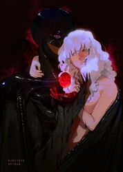  2boys arm_around_neck bare_shoulders behelit berserk black_cape blood blood_on_hands cape claws commentary covering_privates dark_persona dual_persona english_commentary femto_(berserk) floating floating_object griffith_(berserk) hair_between_eyes hand_grab highres holding long_hair looking_at_object looking_at_viewer male_focus multiple_boys naruysae white_hair 