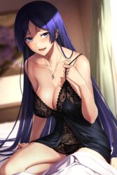  :d bangs black_panties blue_hair blurry blurry_background blush breasts cleavage collarbone covered_nipples depth_of_field fate/empire_of_dirt fate/grand_order fate_(series) female highres jewelry large_breasts lingerie long_hair looking_at_viewer minamoto_no_raikou_(fate/grand_order) necklace non-web_source open_mouth original panties parted_bangs purple_eyes ring shijiu_(adamhutt) sitting smile solo strap_slip underwear very_long_hair wedding_band yokozuwari 