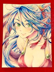  blue_hair breasts breath_of_fire breath_of_fire_ii cleavage closed_mouth commentary_request dragon_girl dragon_wings female green_eyes hair_ribbon highres long_hair looking_at_viewer maruno monster_girl painting_(medium) patty_the_phantom_thief pointy_ears ponytail ribbon smile solo traditional_media watercolor_(medium) wings 