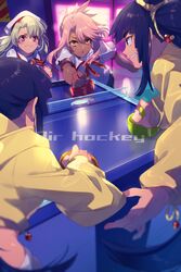  4girls air_hockey air_hockey_mallet air_hockey_puck air_hockey_table arcade beret bikini black_hair blue_bikini blue_eyes blush breasts chloe_von_einzbern collared_shirt commentary contemporary dark-skinned_female dark_skin dual_persona echo_(circa) fate/grand_order fate/kaleid_liner_prisma_illya fate_(series) grin hair_between_eyes hair_bun half_updo hat homurahara_academy_school_uniform illyasviel_von_einzbern jacket long_hair long_sleeves medium_breasts multiple_girls neck_ribbon open_mouth orange_eyes parted_bangs pink_hair puffy_short_sleeves puffy_sleeves red_eyes red_ribbon ribbon school_uniform shirt short_sleeves side_ponytail sidelocks single_hair_bun single_side_bun small_breasts smile swimsuit ushiwakamaru_(fate) ushiwakamaru_(swimsuit_assassin)_(fate) ushiwakamaru_(swimsuit_assassin)_(first_ascension)_(fate) very_long_hair white_hair white_headwear white_shirt yellow_jacket 