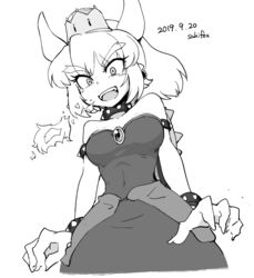  2019 2_horns :d alternate_species bowser bowsette_meme bracelet breasts breath_powers clothed clothing collar crown dress elemental_manipulation female fire fire_breathing fire_manipulation greyscale hair headgear horn horned_humanoid humanoid humanoidized jewelry mario_bros meme monochrome nintendo open_mouth ponytail rule_63 sakifox shell signature sleeveless_dress smile solo spiked_shell spikes spikes_(anatomy) studded_bracelet studded_collar studded_jewelry studs super_crown teeth 