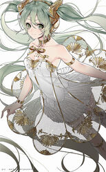  armband artist_name bare_shoulders breasts chinese_commentary choker cleavage collarbone commentary dress female gold_trim gramophone_miku hair_between_eyes hatsune_miku highres long_hair looking_at_viewer miku_symphony_(vocaloid) see-through simple_background small_breasts smile solo strapless strapless_dress twintails very_long_hair vocaloid watermark web_address white_background wristband yaoshi_jun 