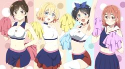  4girls arm_up armpits black_hair blonde_hair blue_skirt blush bow braid breasts brown_eyes brown_hair cheerleader closed_mouth crop_top green_eyes highres holding holding_pom_poms kanojo_okarishimasu long_hair looking_at_viewer midriff mizuhara_chizuru multiple_girls nakamura_kou nanami_mami navel open_mouth orange_hair pleated_skirt pom_pom_(cheerleading) ponytail ribbon sailor_collar sakurasawa_sumi sarashina_ruka shirt short_hair side_braid single_braid skirt sleeveless sleeveless_shirt smile stomach thick_eyebrows thighhighs upper_body 