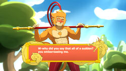  16:9 anthor anthro athletic athletic_anthro athletic_male blush body_hair bottomwear chest_hair clothed clothing dating_sim digital_drawing_(artwork) digital_media_(artwork) golden_staff_(lego_monkie_kid) haplorhine hi_res holding_melee_weapon holding_object holding_staff holding_weapon lego lego_monkie_kid male mammal melee_weapon monkey monkey_king_(lego_monkie_kid) muscular muscular_anthro muscular_male pants primate simple_background solo staff topless waterwang weapon weapon_on_shoulder widescreen yellow_eyes yoke_pose 